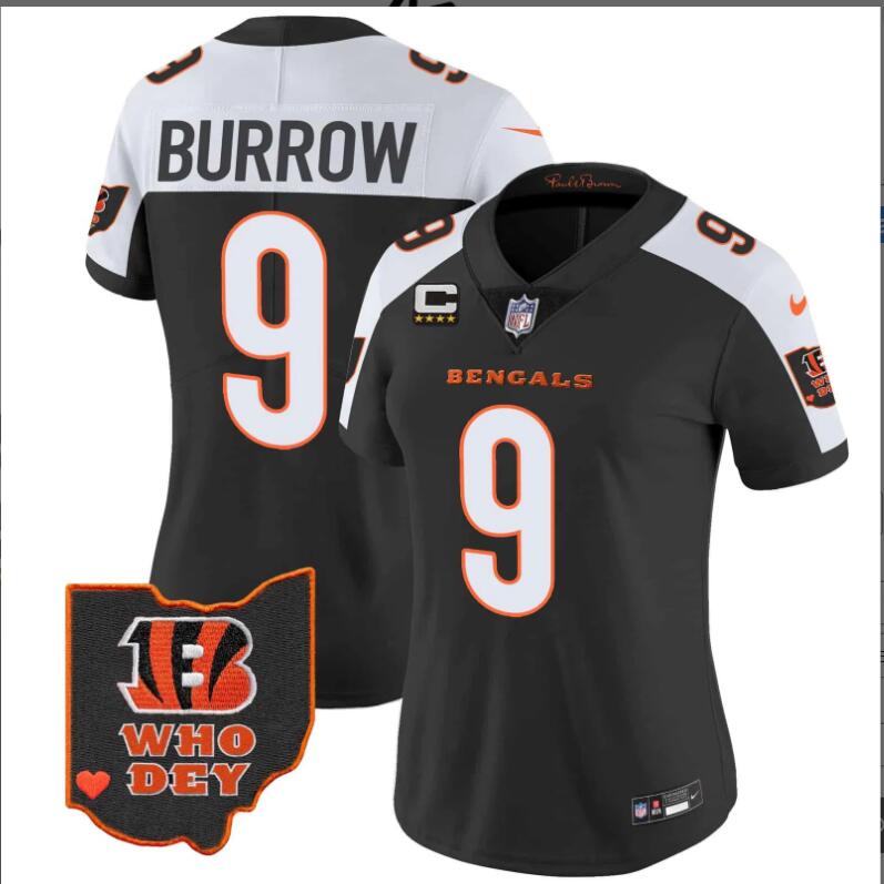 Women Cincinnati Bengals #9 Burrow Ohio Patch Vapor Limited 2024 NFL Nike black jerseys